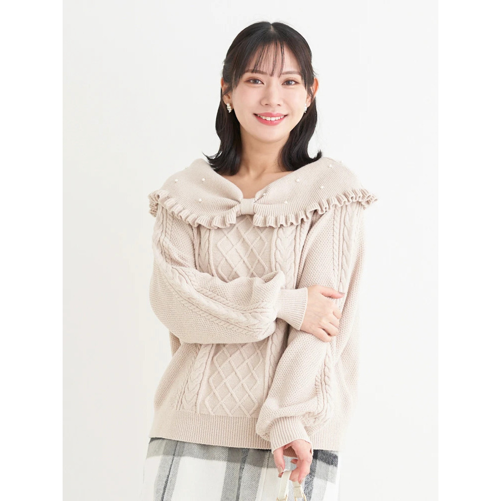 パール付きリボンオフショルケーブルニットトップス
