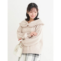 パール付きリボンオフショルケーブルニットトップス