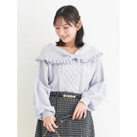 パール付きリボンオフショルケーブルニットトップス