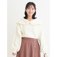 パール付きリボンオフショルケーブルニットトップス