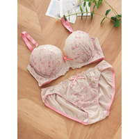 【脇高】[D85-I95］フラワープリント刺繍ブラ＆ショーツ(モールドカップ)