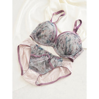[D85-I95］フラワープリント刺繍レースブラ＆ショーツ(モールドカップ）