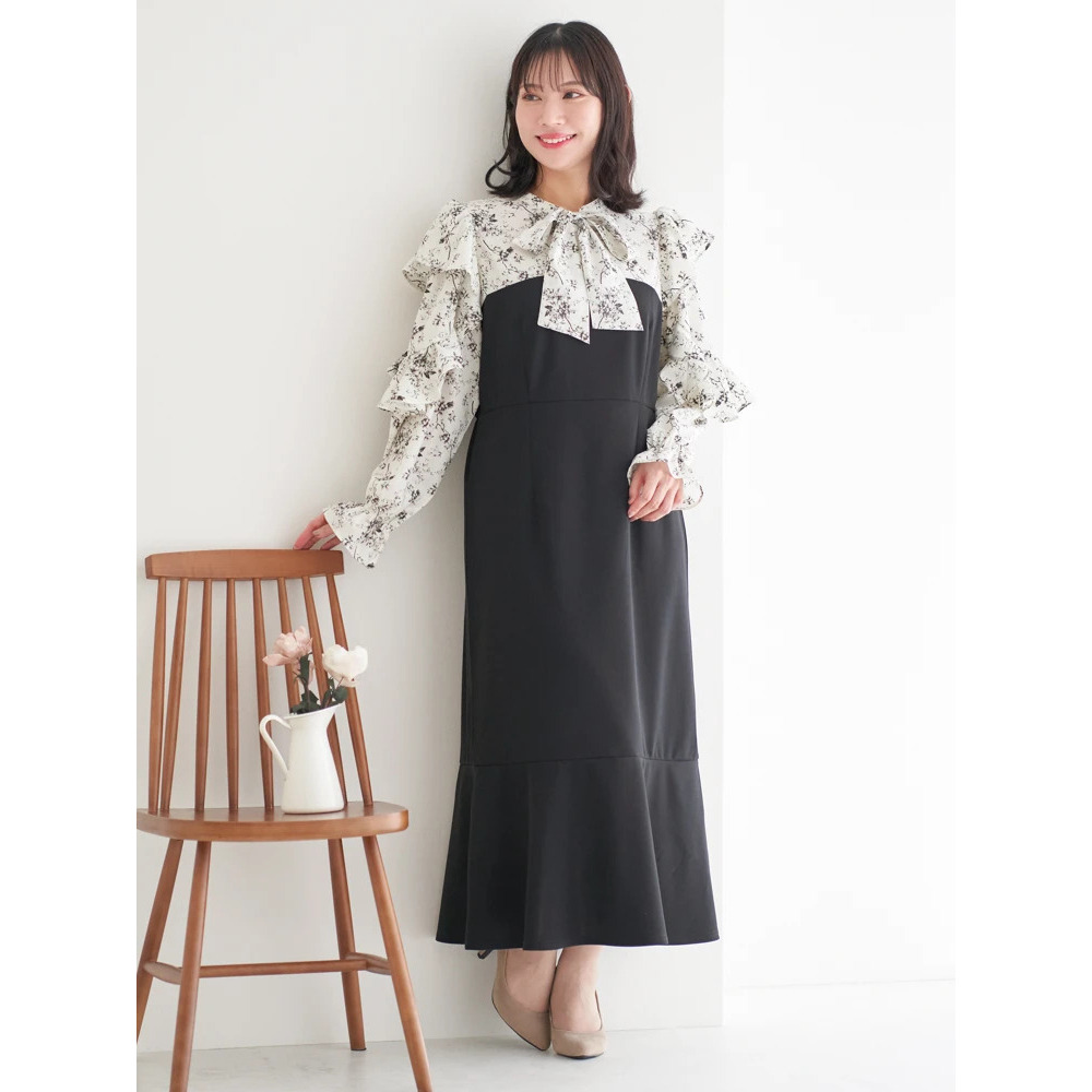 【WEB限定】フリルボウタイブラウスドッキングワンピース（花柄・ドット柄）