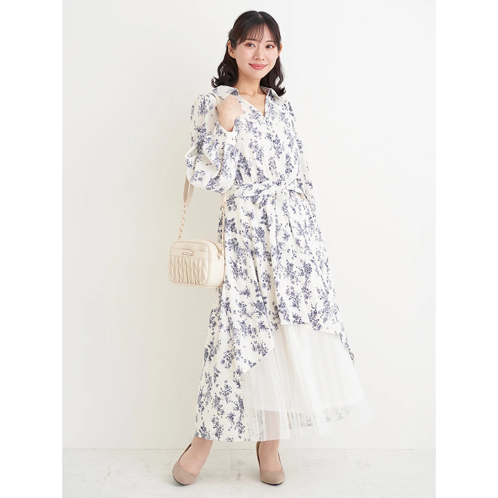 裾チュールアシメ切り替え花柄シャツワンピース