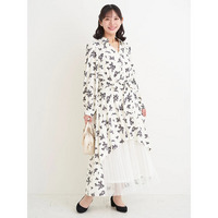 裾チュールアシメ切り替え花柄シャツワンピース