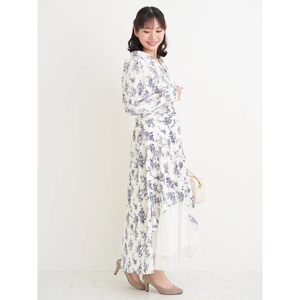 裾チュールアシメ切り替え花柄シャツワンピース3