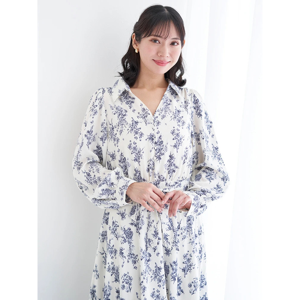 裾チュールアシメ切り替え花柄シャツワンピース6