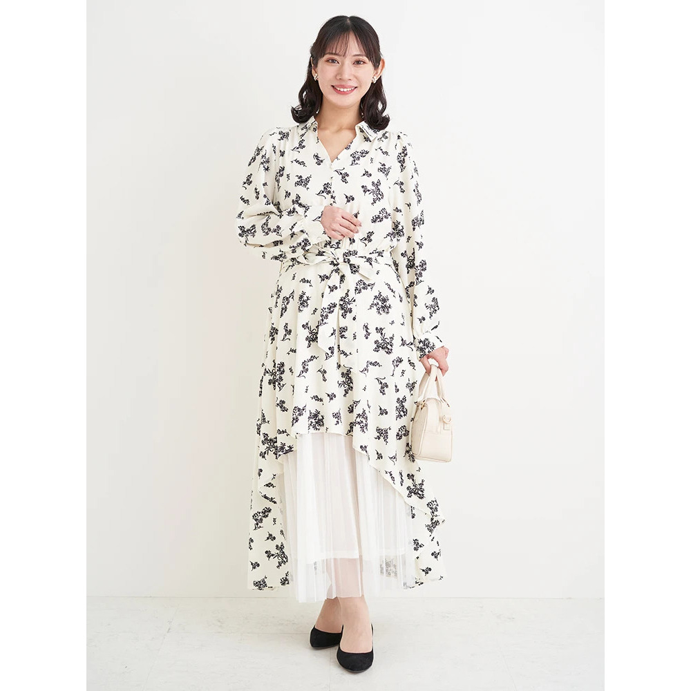 裾チュールアシメ切り替え花柄シャツワンピース7