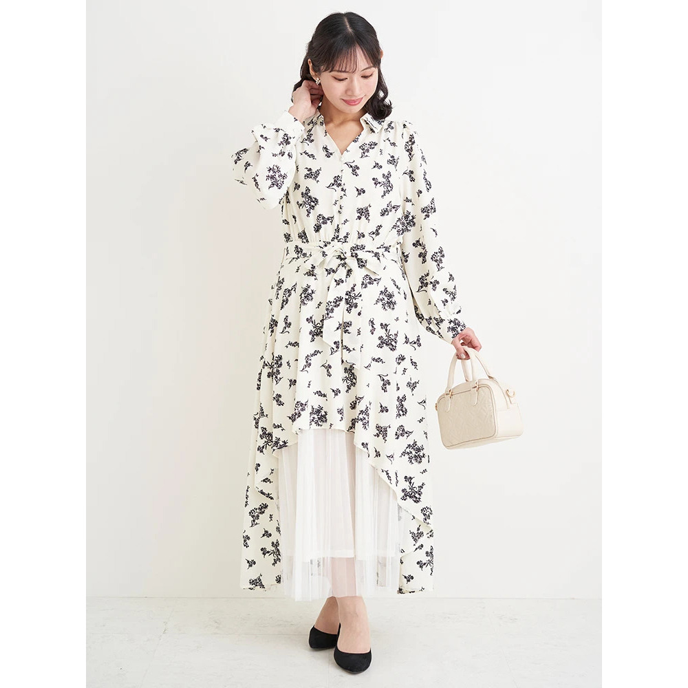 裾チュールアシメ切り替え花柄シャツワンピース8