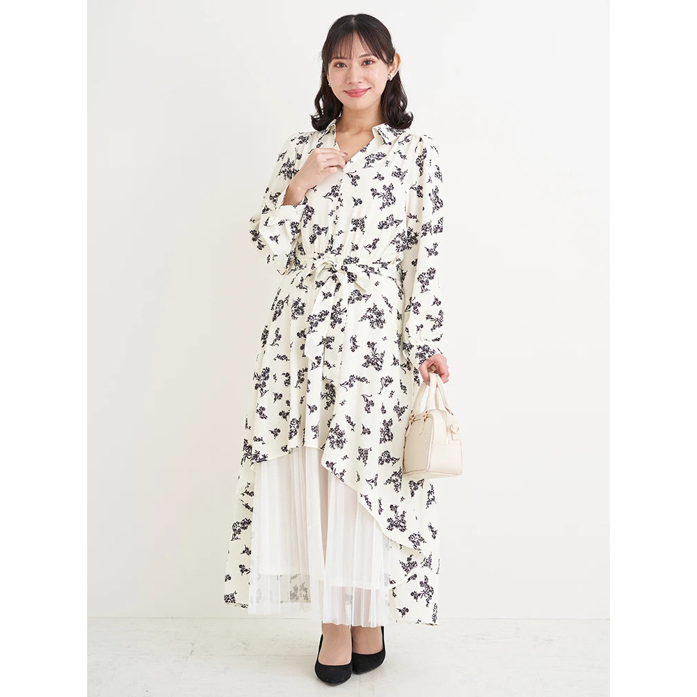 裾チュールアシメ切り替え花柄シャツワンピース9