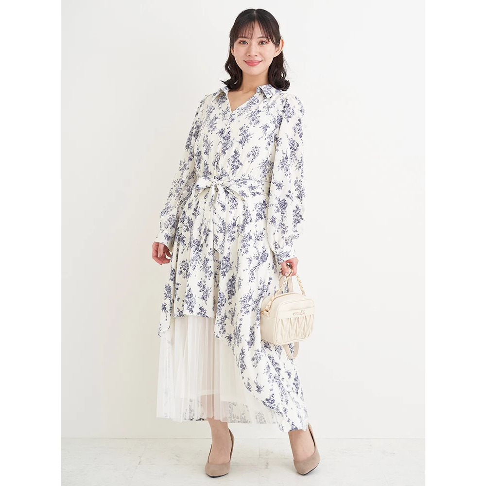 裾チュールアシメ切り替え花柄シャツワンピース1
