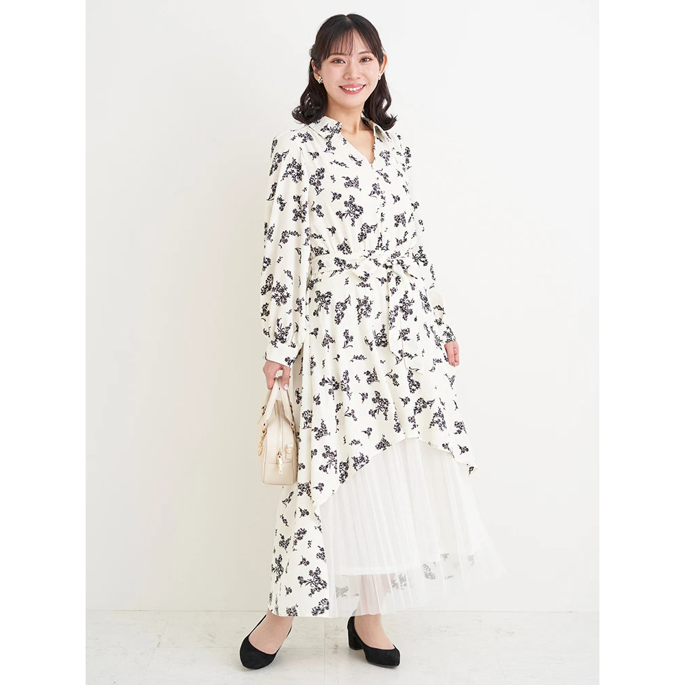 裾チュールアシメ切り替え花柄シャツワンピース1
