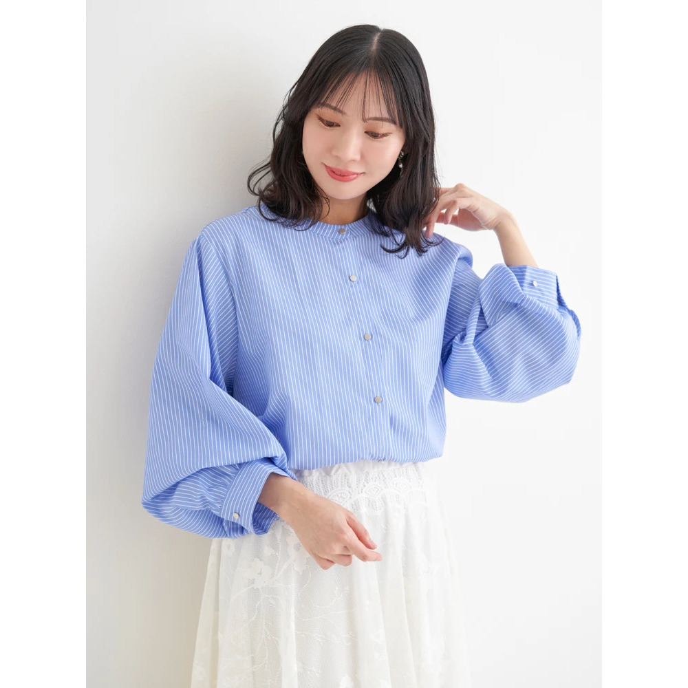 [2WAYスリーブ]ストライプ柄ノーカラーシャツ