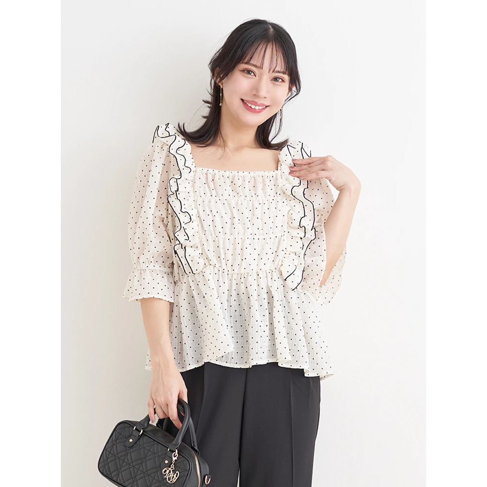 【WEB限定】シアーシャーリングフリルブラウス（無地・ドット柄）