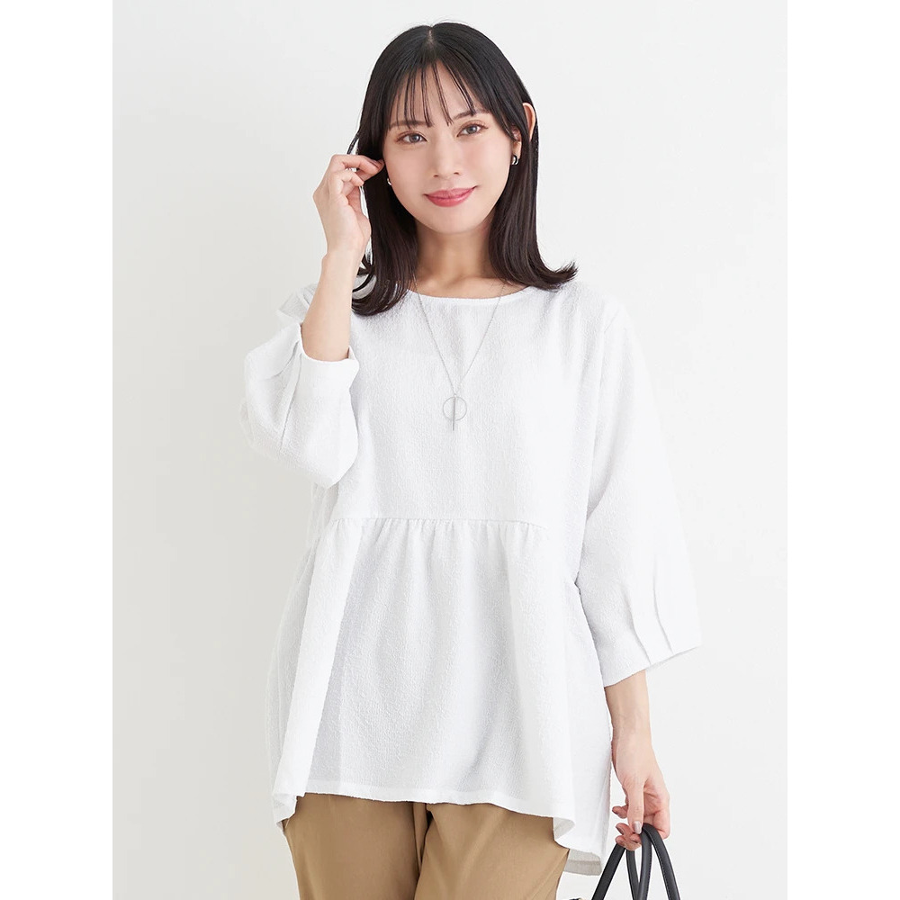 アクセサリー付き７分袖ぺプラムプルオーバー