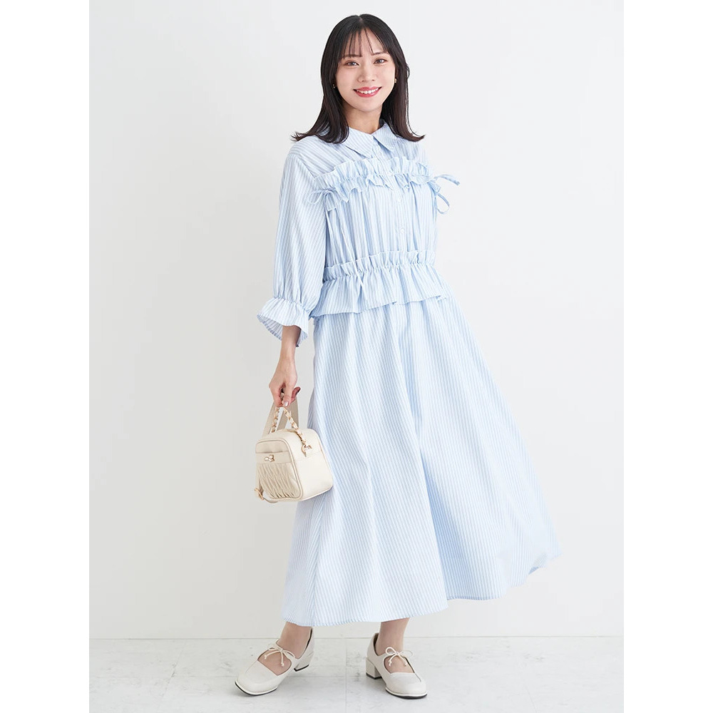 フリル×リボンシャツワンピース（無地・ストライプ）