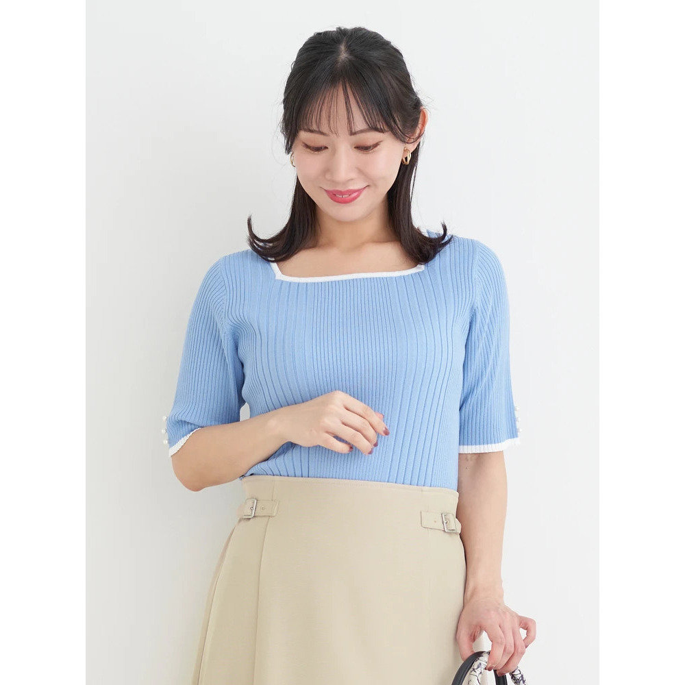 【抗ピル】リネンライクスクエアネックニットトップス