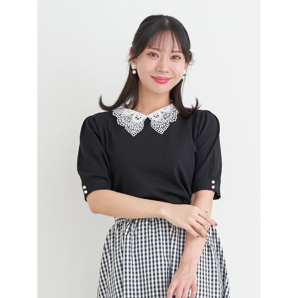 【抗ピル】リネンライクレース襟ニットトップス12