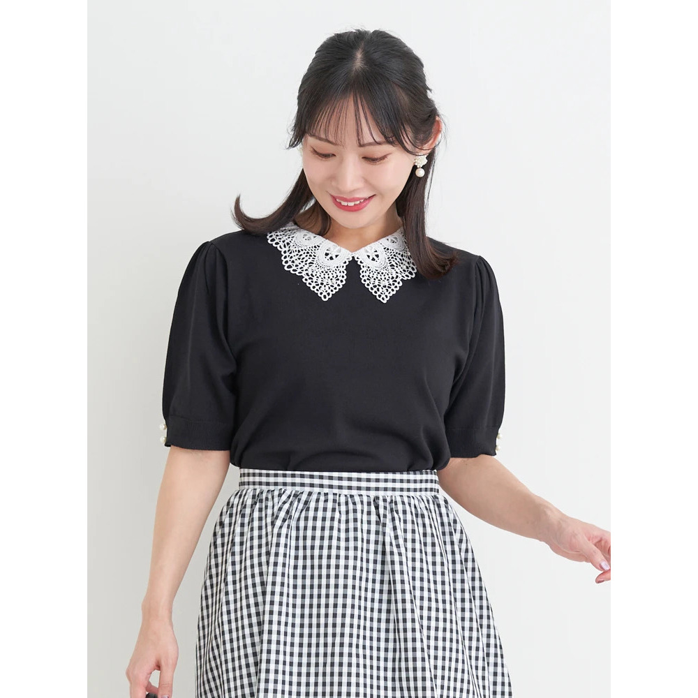 【抗ピル】リネンライクレース襟ニットトップス13