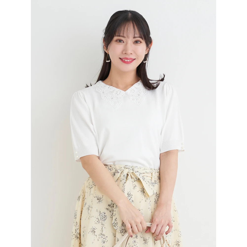 【抗ピル】リネンライクレース襟ニットトップス17