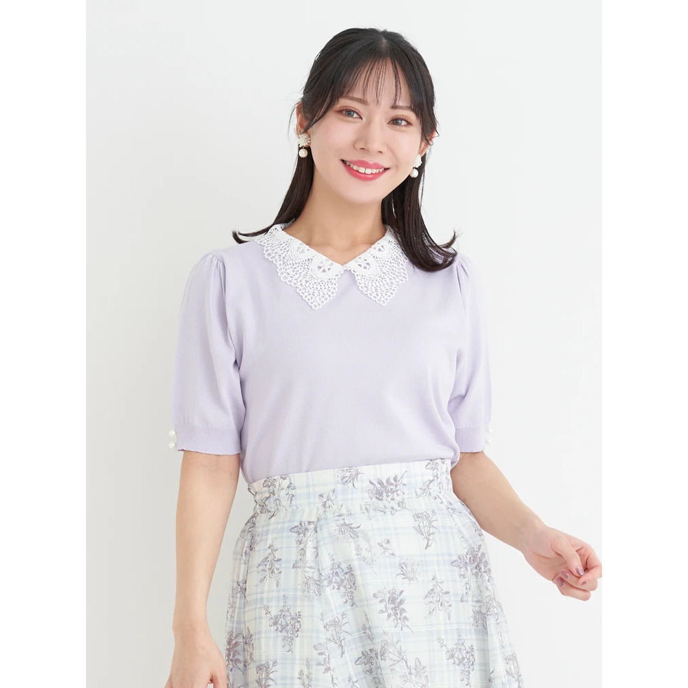 【抗ピル】リネンライクレース襟ニットトップス2