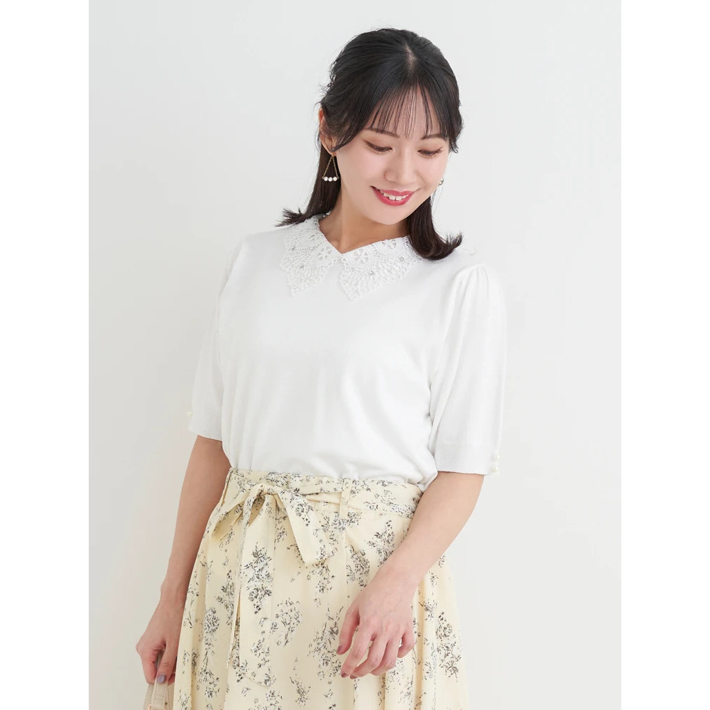 【抗ピル】リネンライクレース襟ニットトップス1