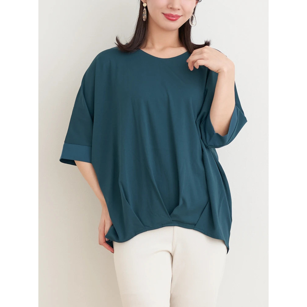 【接触冷感】袖異素材切り替え裾タックプルオーバー