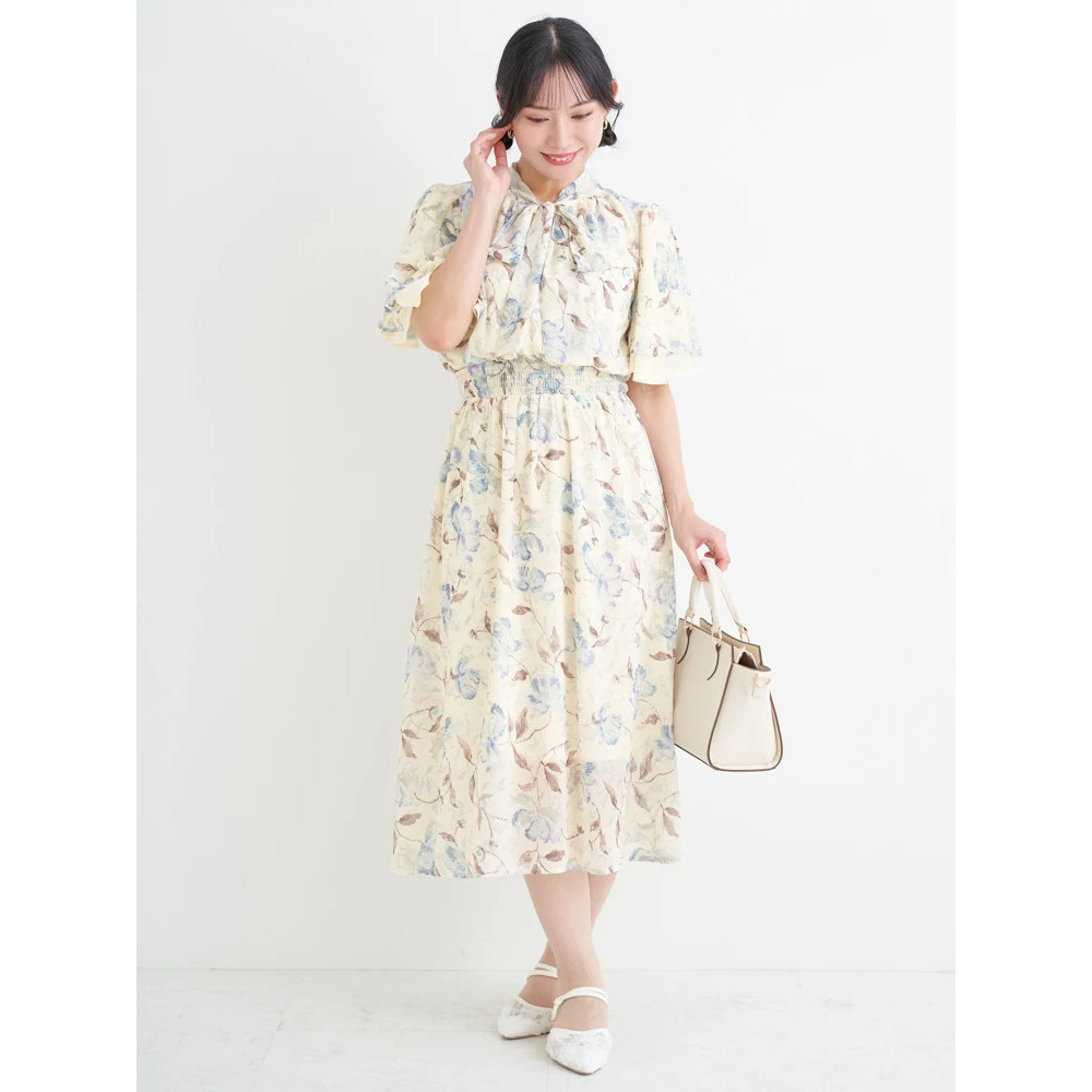 【WEB限定】花柄ボウタイワンピース