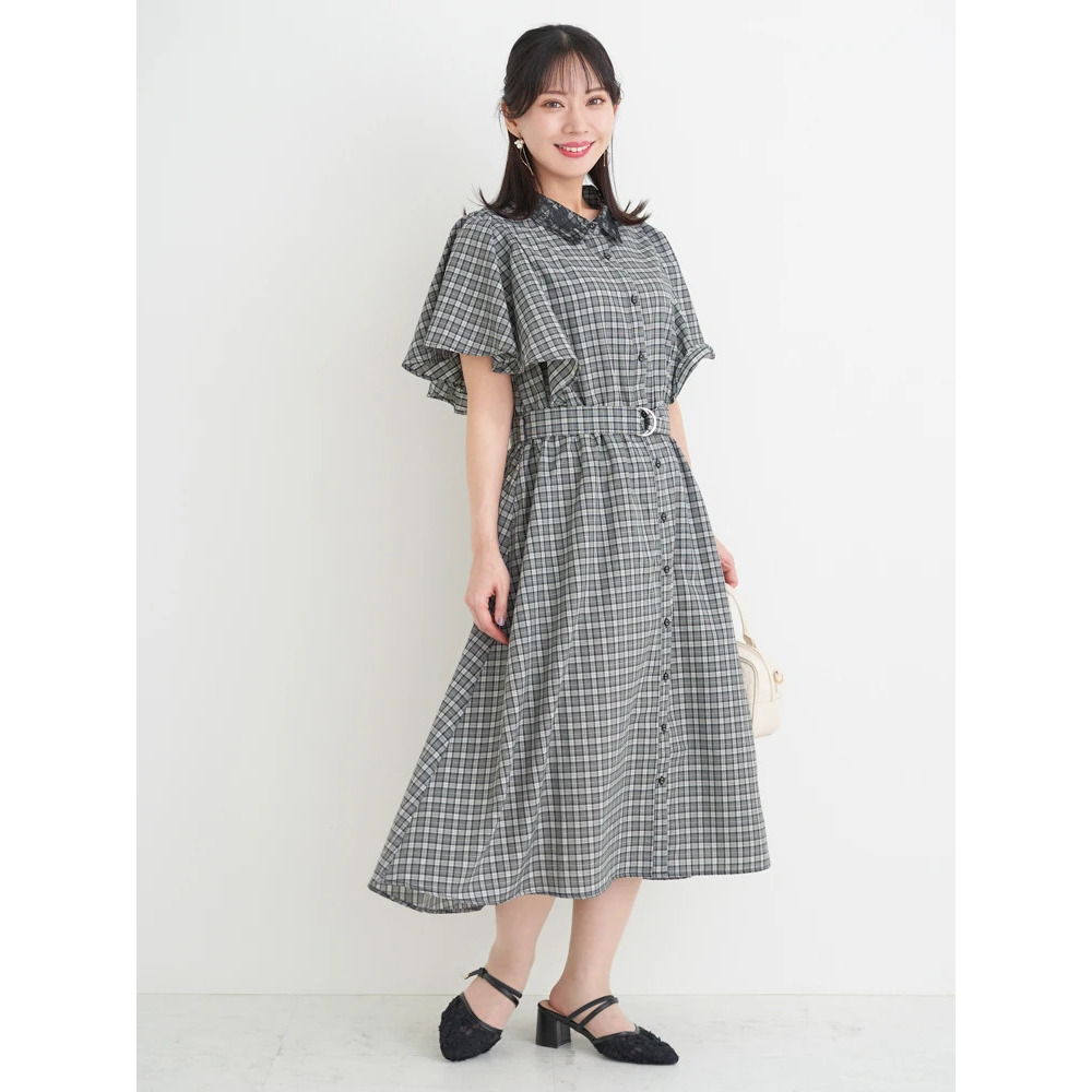 レース襟フレアスリーブチェック柄シャツワンピース1