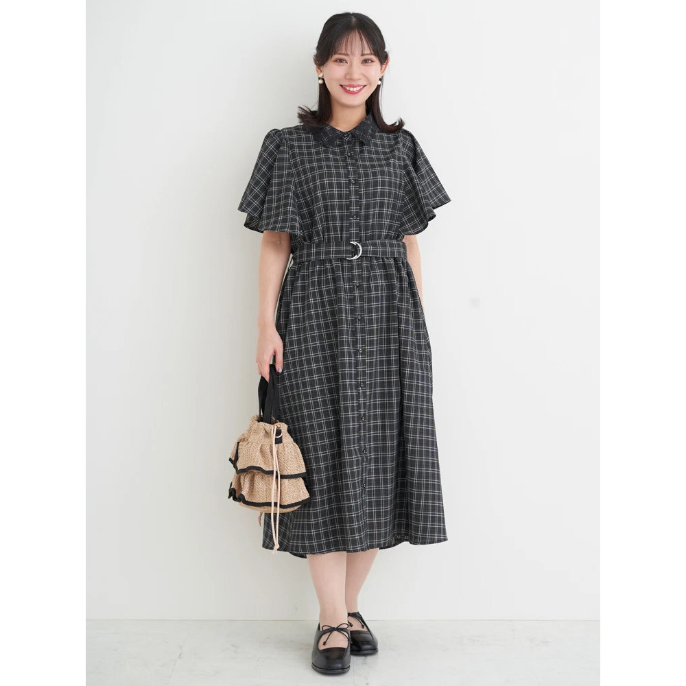 レース襟フレアスリーブチェック柄シャツワンピース10