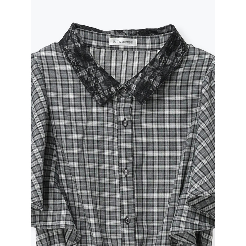 レース襟フレアスリーブチェック柄シャツワンピース14