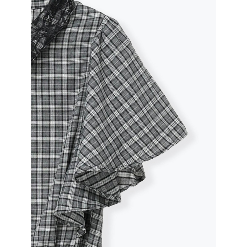 レース襟フレアスリーブチェック柄シャツワンピース15