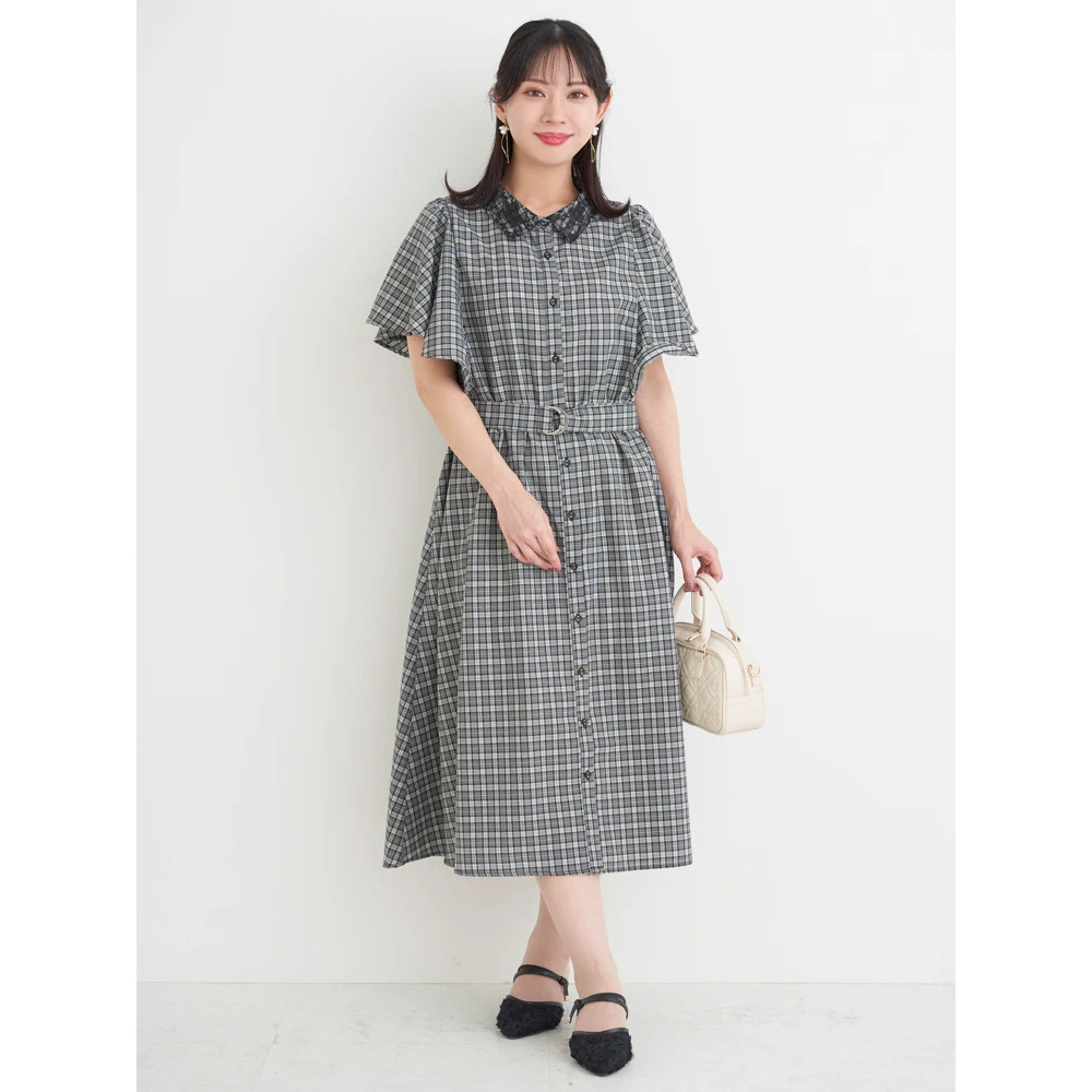 レース襟フレアスリーブチェック柄シャツワンピース2