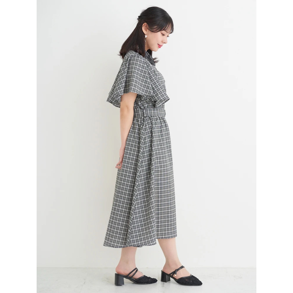 レース襟フレアスリーブチェック柄シャツワンピース3