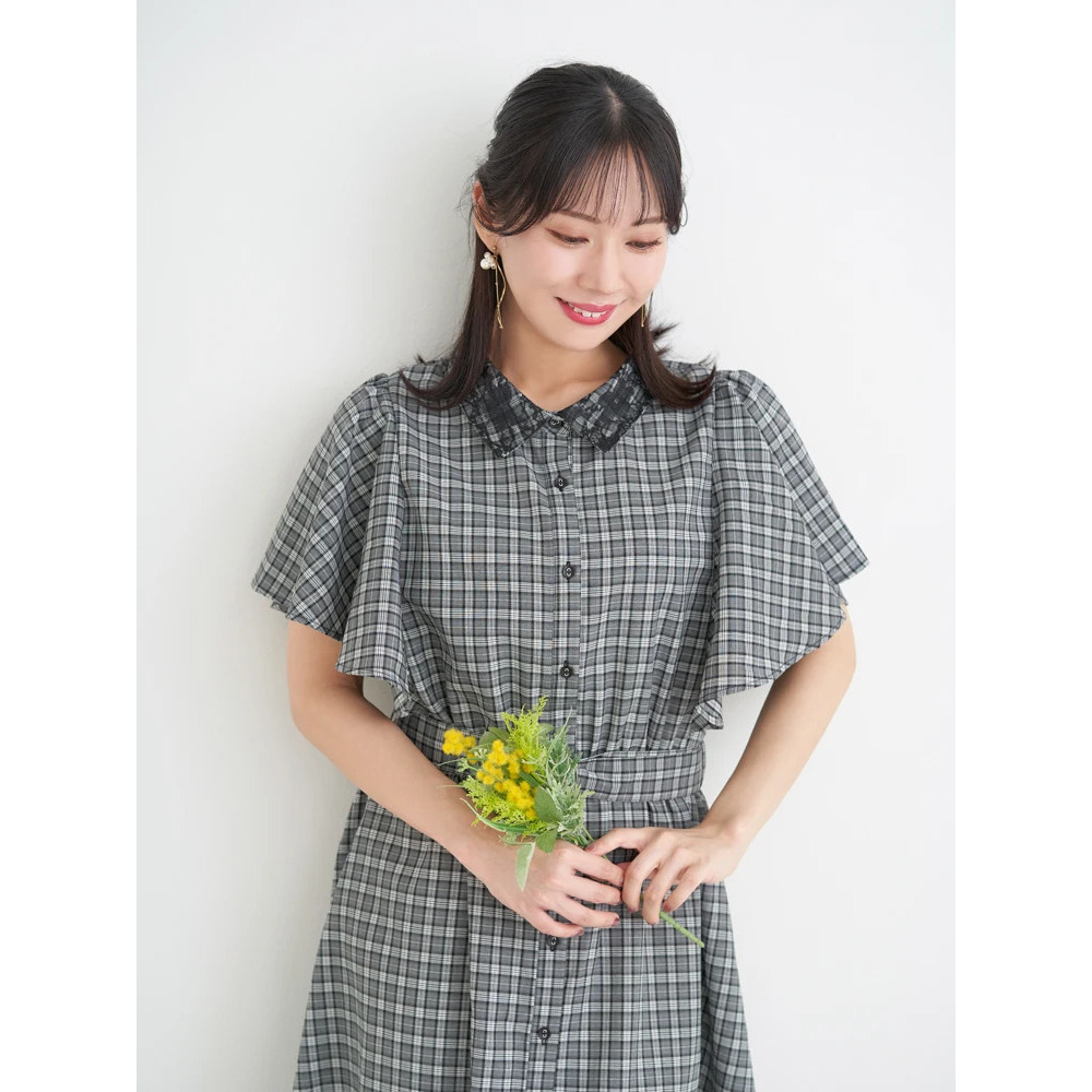 レース襟フレアスリーブチェック柄シャツワンピース5