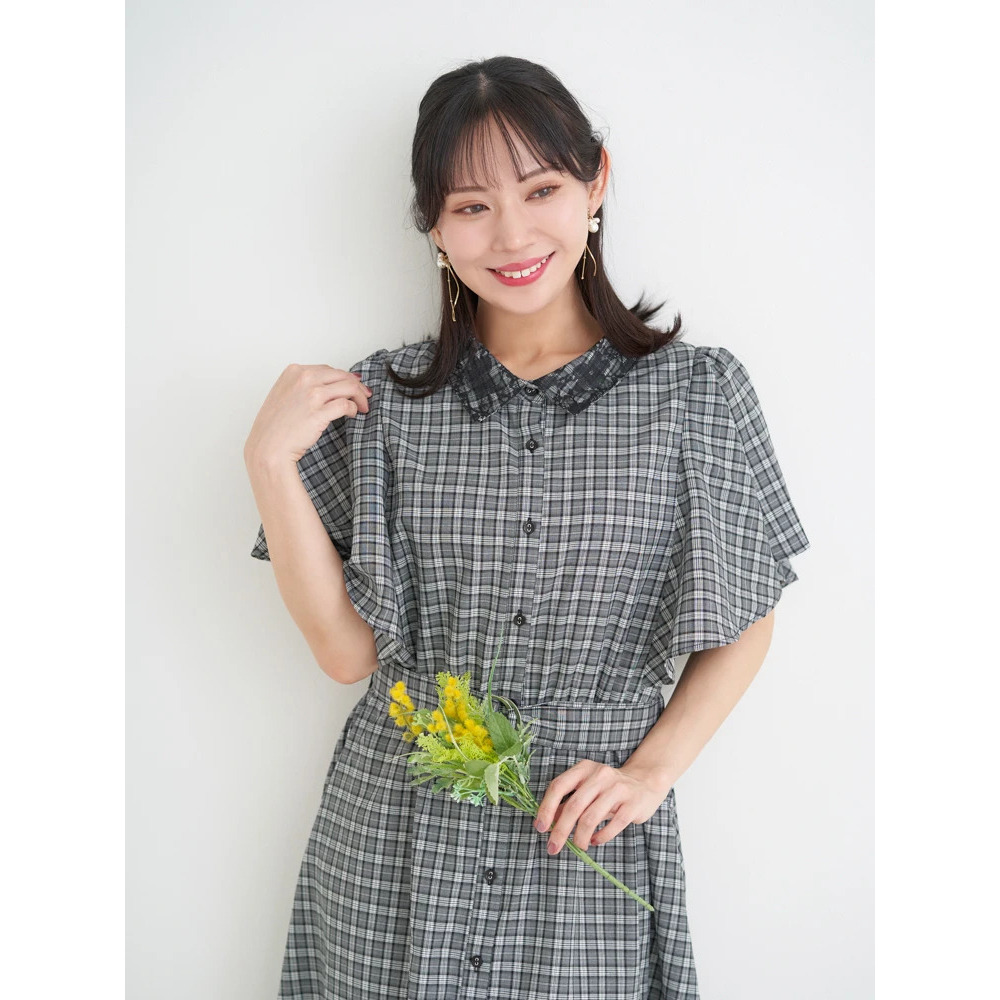 レース襟フレアスリーブチェック柄シャツワンピース6
