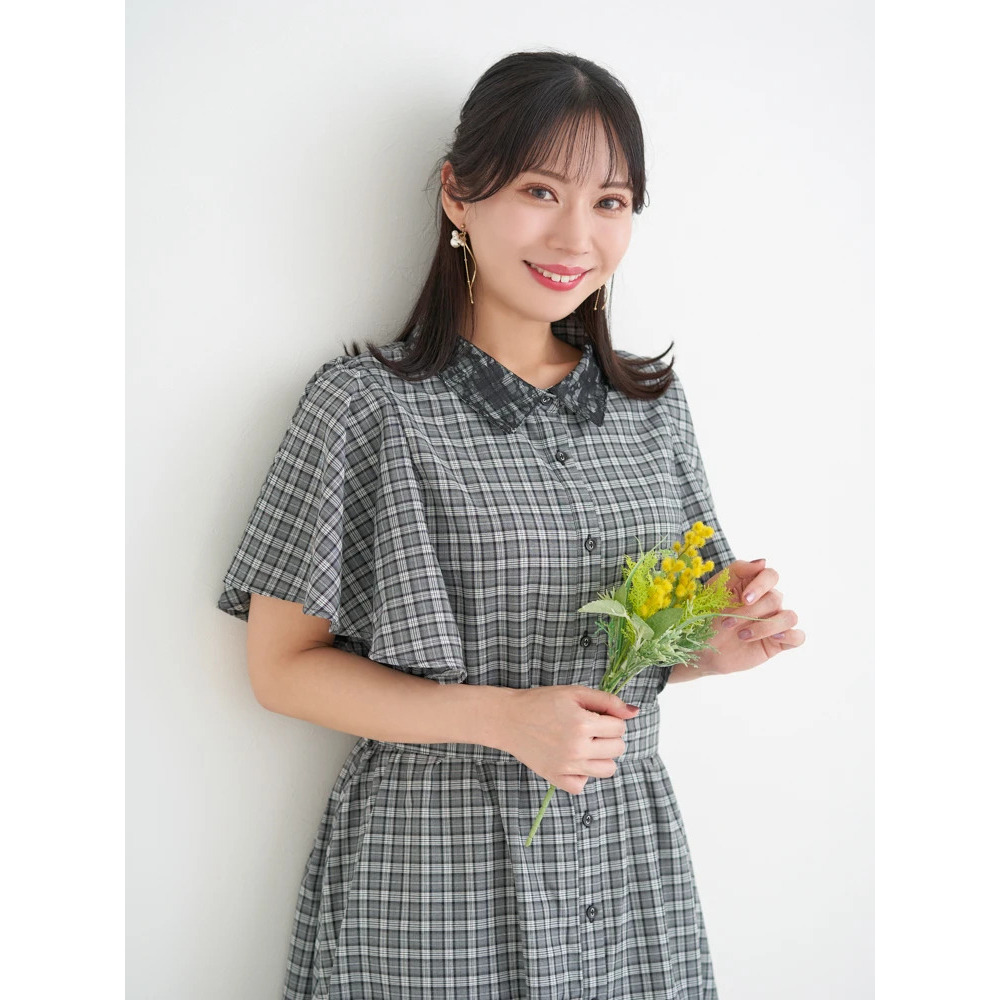 レース襟フレアスリーブチェック柄シャツワンピース7