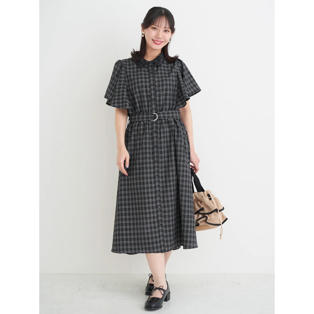 レース襟フレアスリーブチェック柄シャツワンピース8