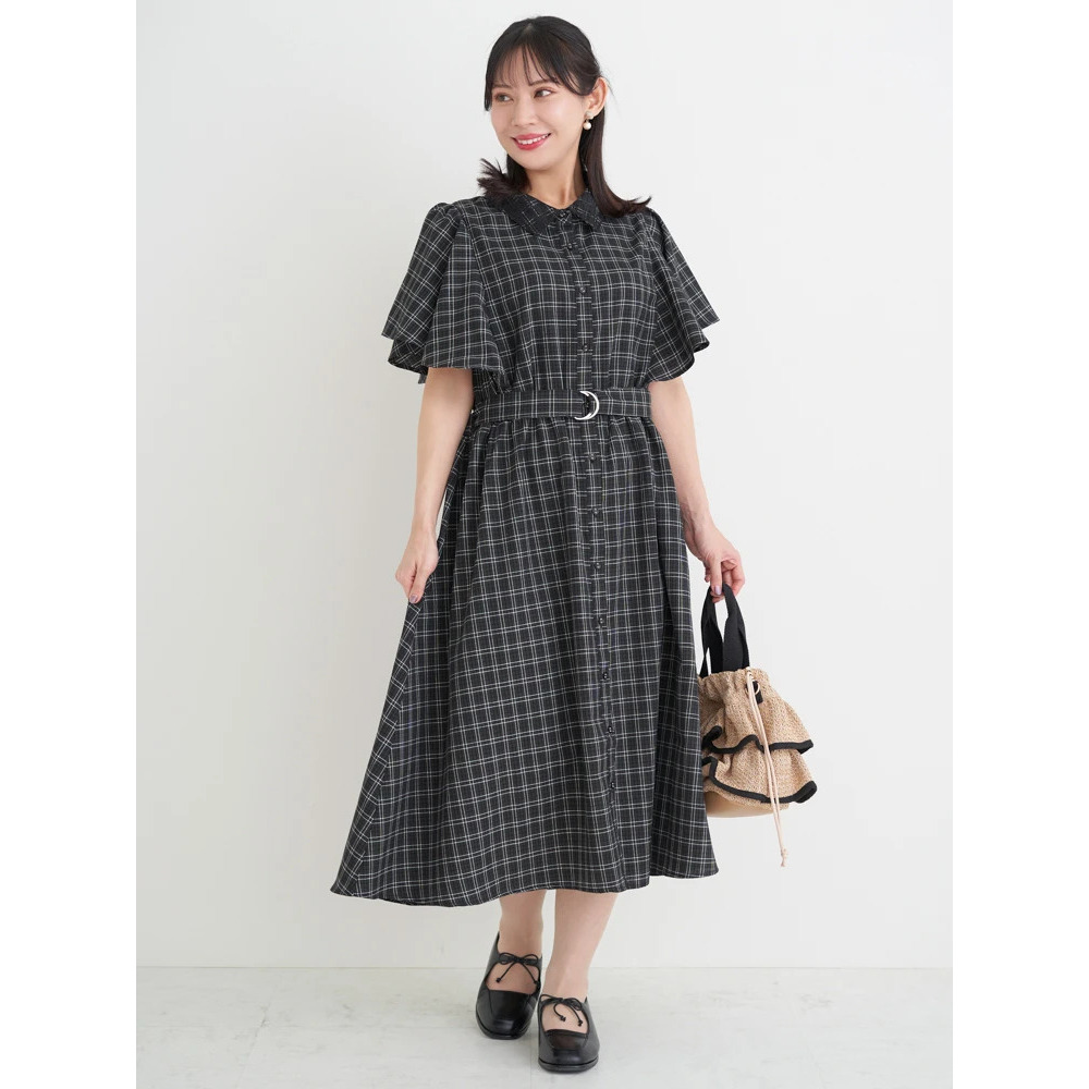 レース襟フレアスリーブチェック柄シャツワンピース9