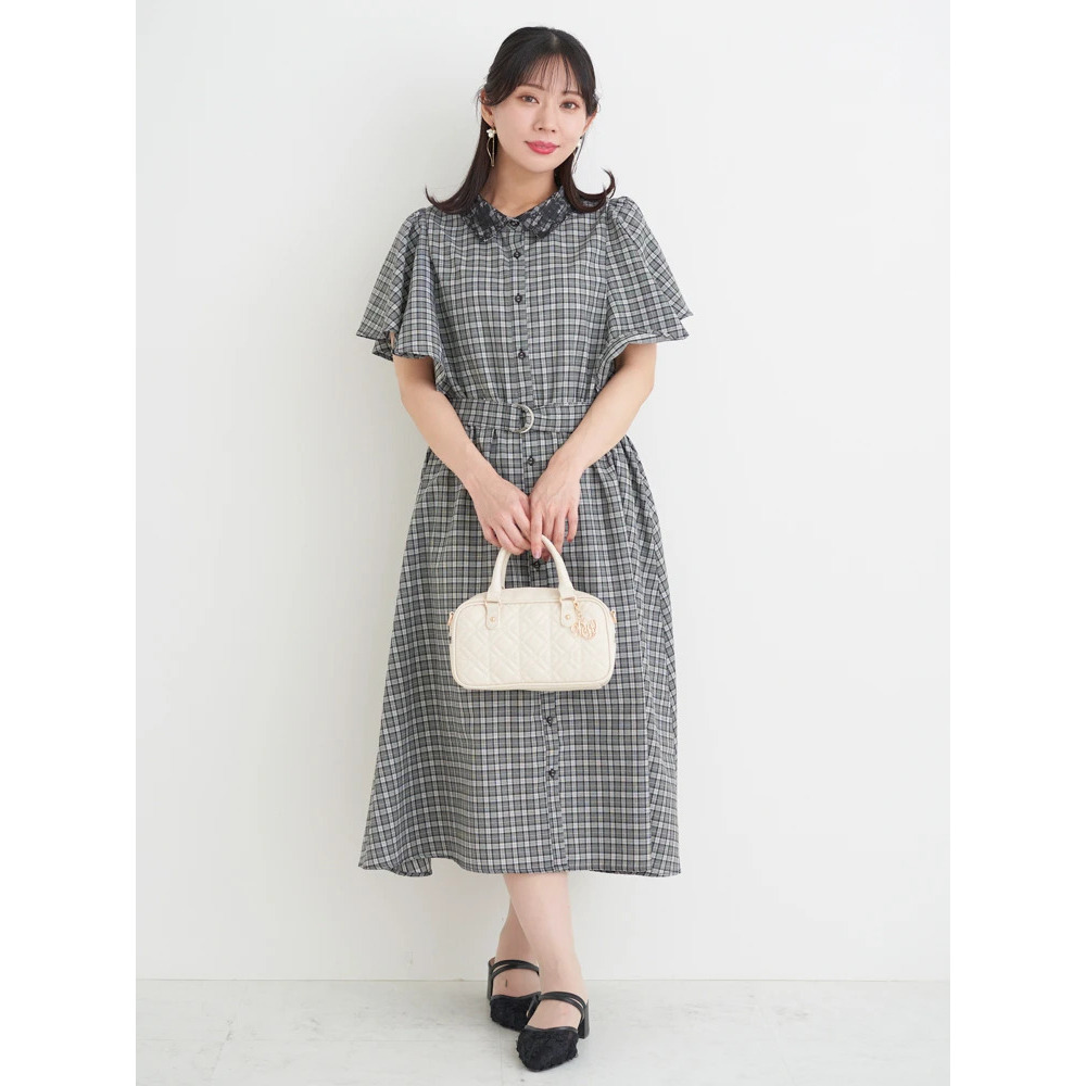 レース襟フレアスリーブチェック柄シャツワンピース1