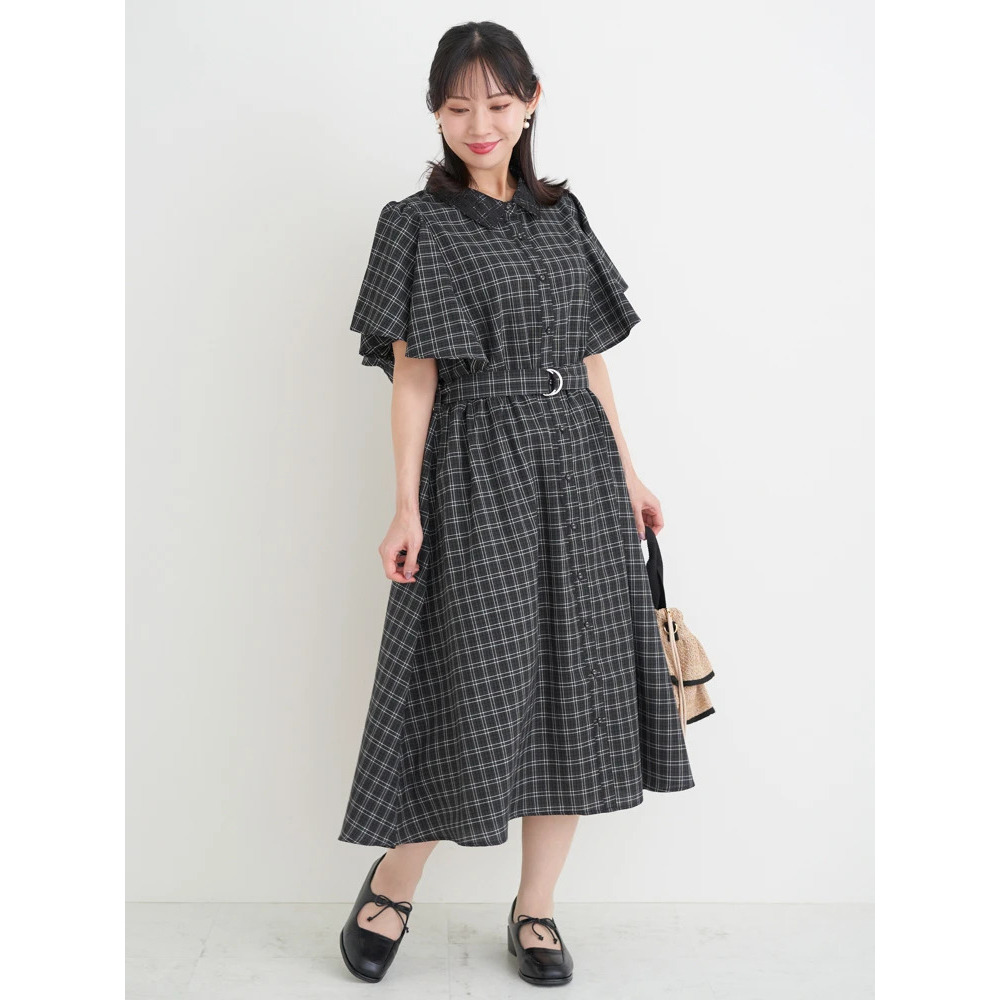 レース襟フレアスリーブチェック柄シャツワンピース1
