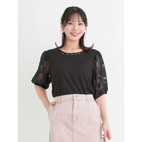 袖シアービジュー付きラメリブトップス