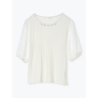 袖シアービジュー付きラメリブトップス