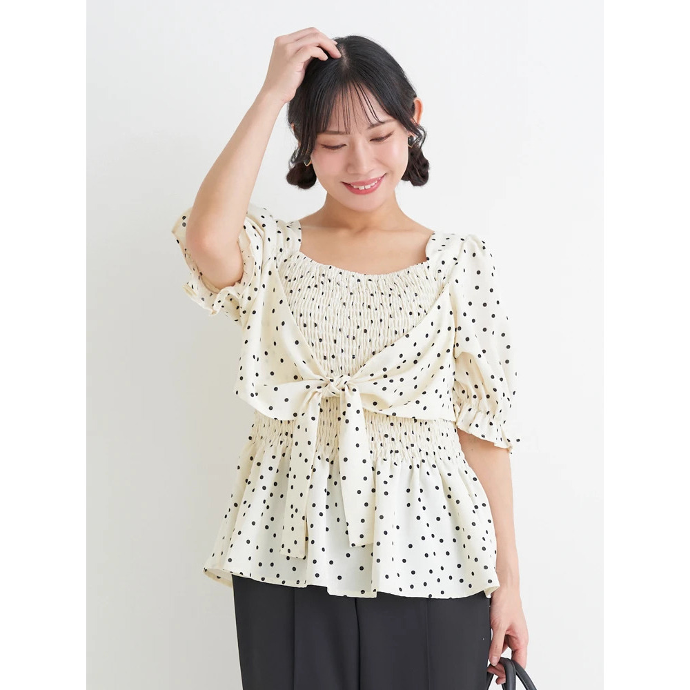 アソート柄シャーリングリボンブラウス