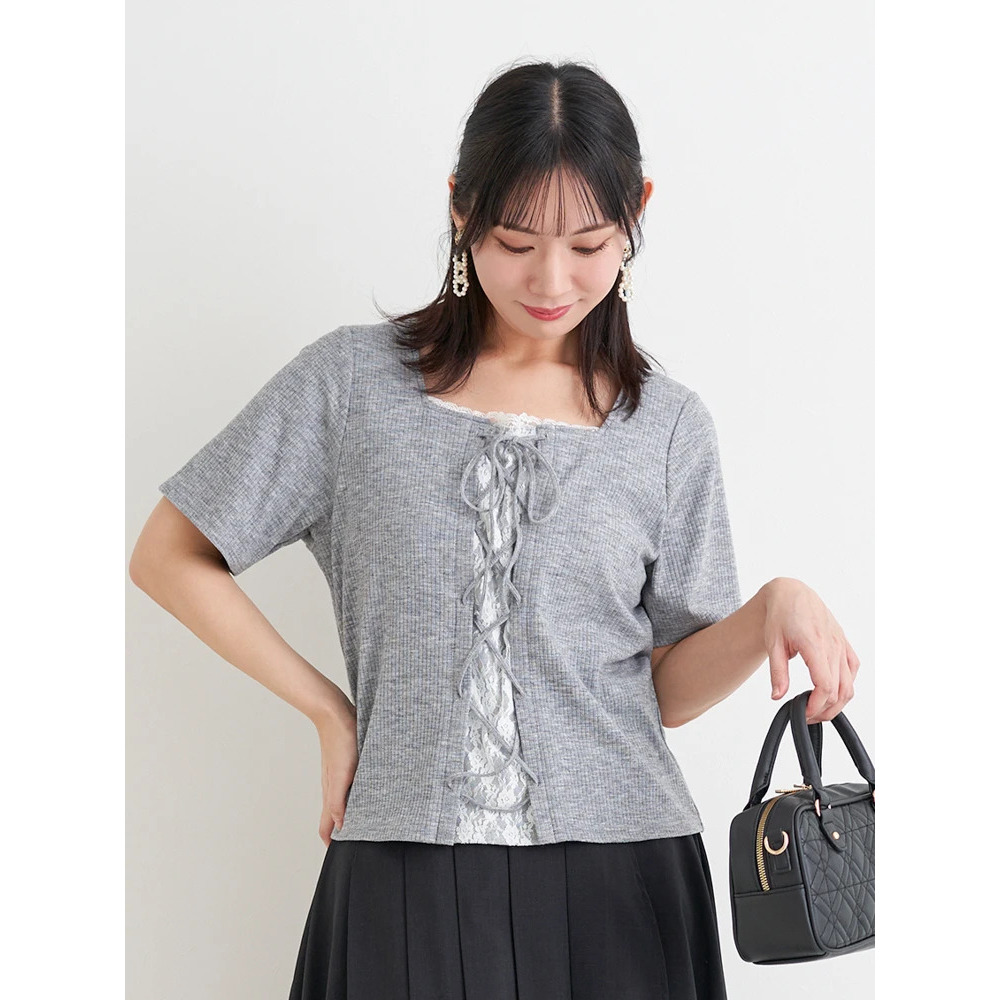 レイヤード風レースアップリブトップス