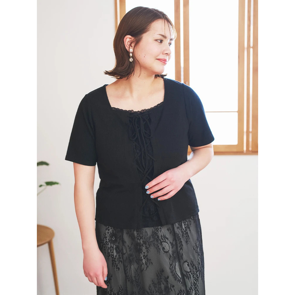 レイヤード風レースアップリブトップス2