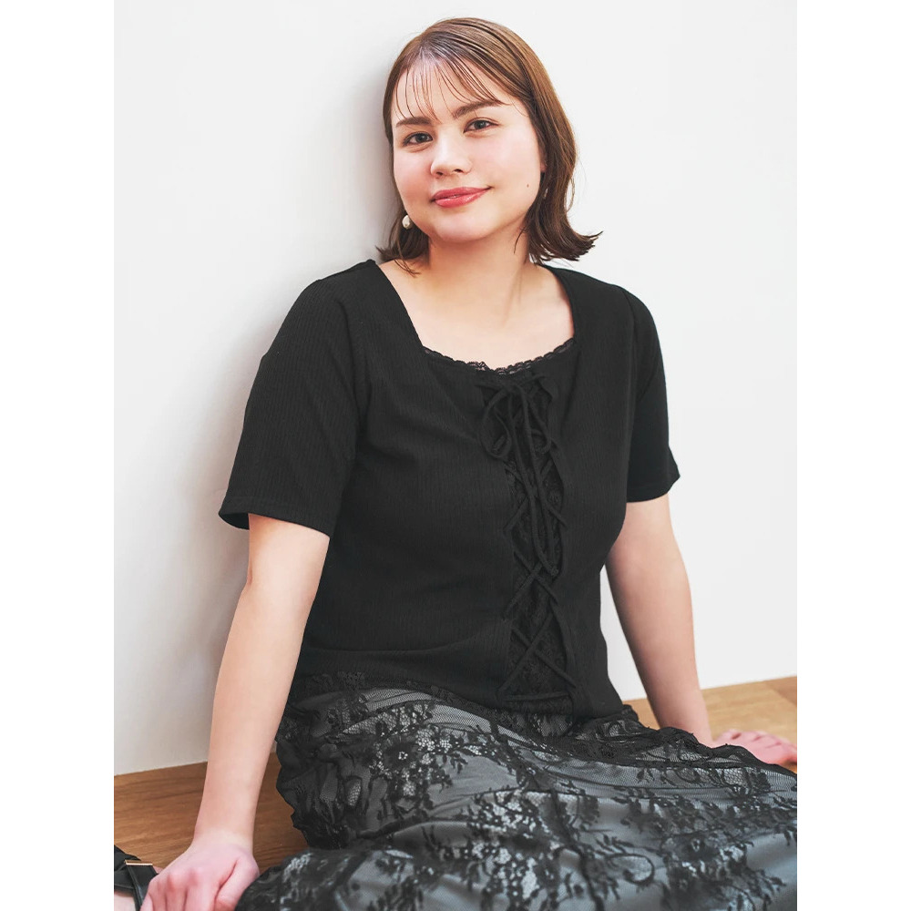 レイヤード風レースアップリブトップス3