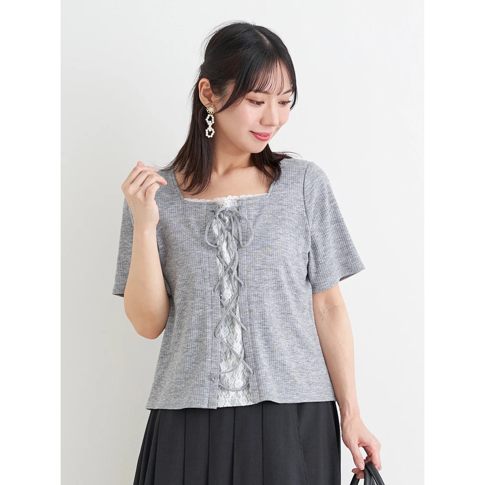 レイヤード風レースアップリブトップス1