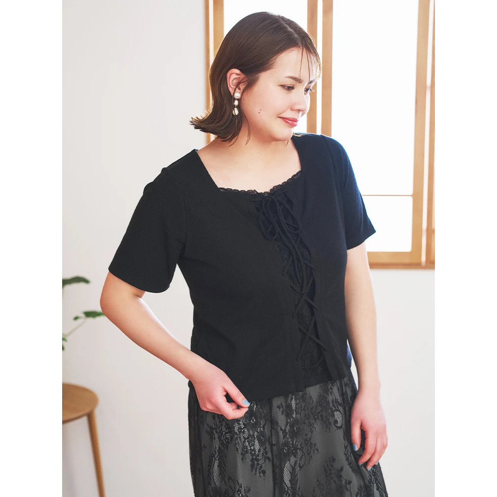 レイヤード風レースアップリブトップス1