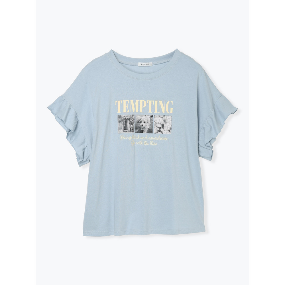 袖フリルフォトプリントTシャツ